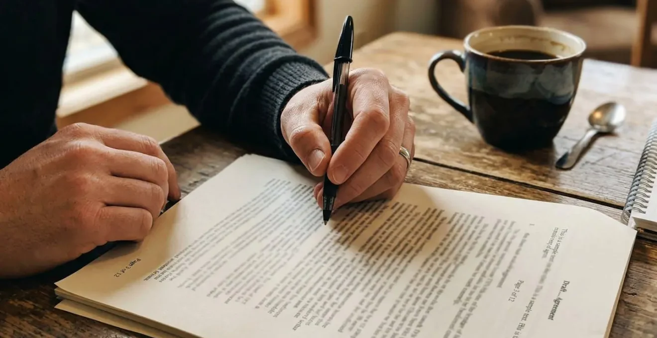 Gros plan sur des mains tenant un stylo au-dessus d'un document imprimé posé sur un bureau, tasse de café visible sur le côté