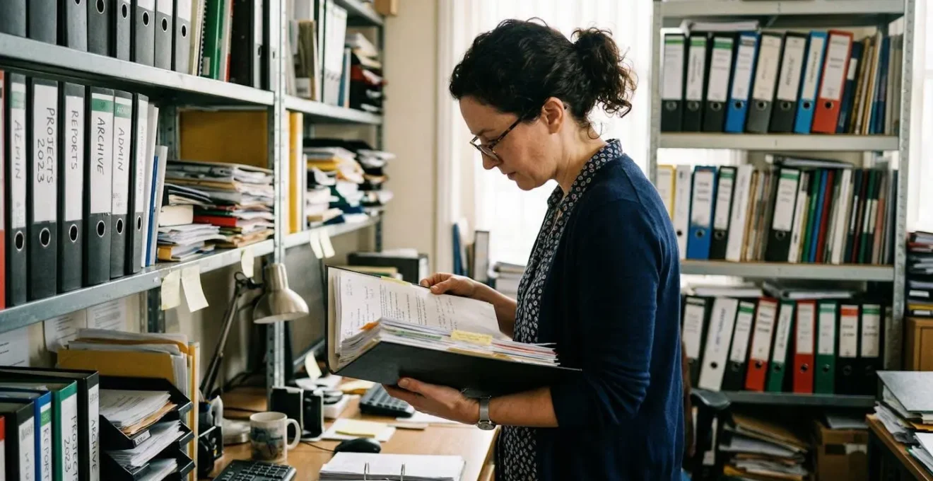 Une personne vue de dos consulte un classeur dans un bureau, des étagères remplies de dossiers visibles en arrière-plan