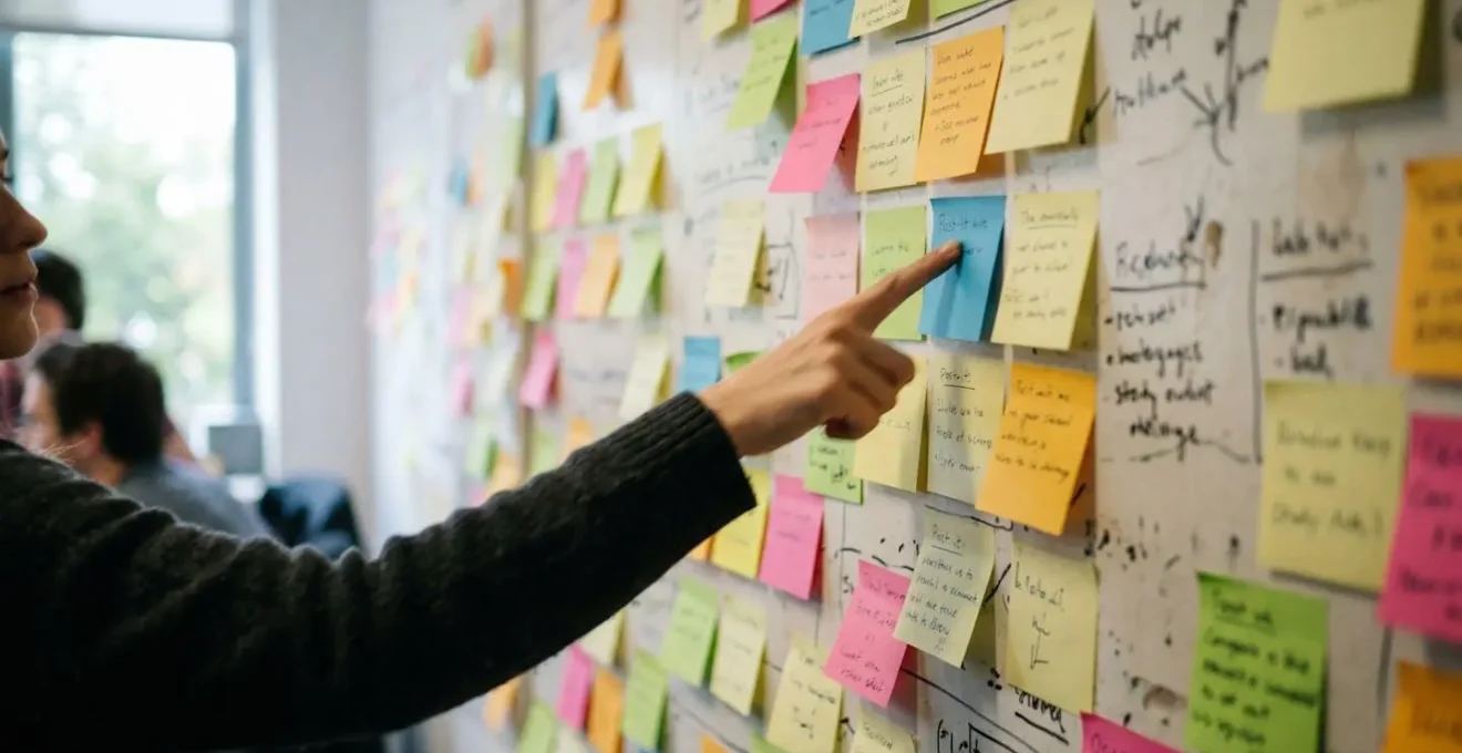 Post-it colorés collés sur un mur de bureau avec des notes manuscrites floues, une main pointe vers l'un d'eux