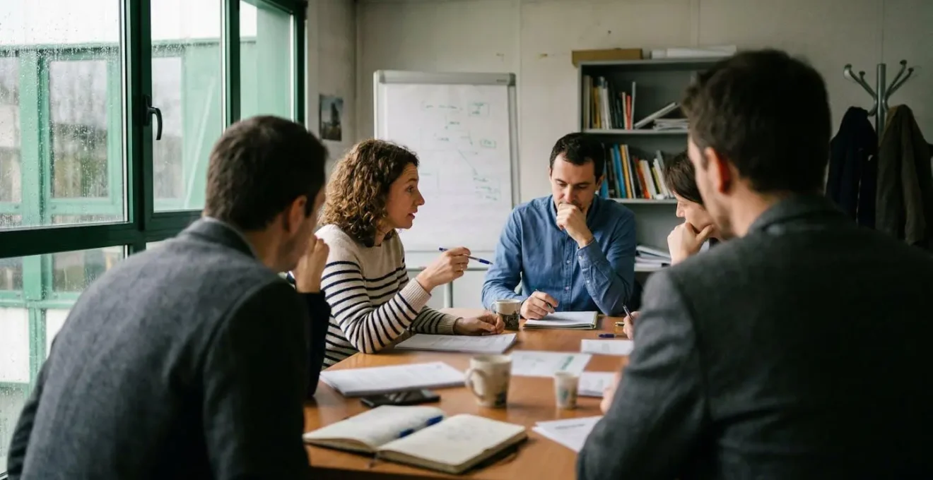 Trois collègues discutent autour d'une table couverte de documents lors d'une réunion de travail dans une salle classique de PME