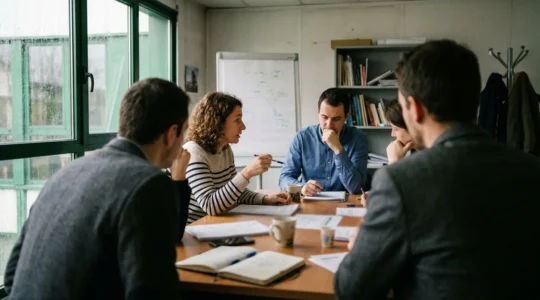 Trois collègues discutent autour d'une table couverte de documents lors d'une réunion de travail dans une salle classique de PME
