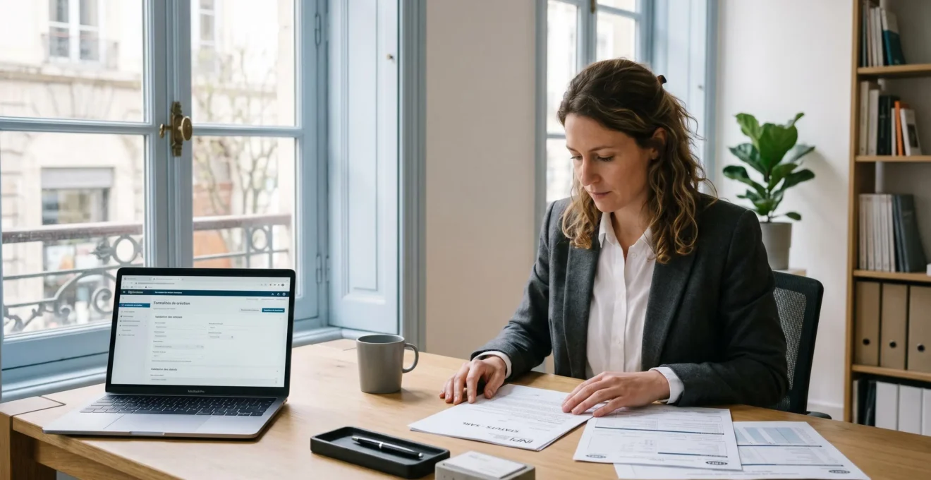 Entrepreneur travaillant sur des documents de création de SASU dans un bureau contemporain avec ordinateur portable et formulaires administratifs