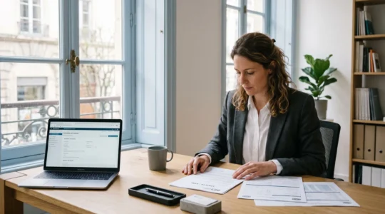 Entrepreneur travaillant sur des documents de création de SASU dans un bureau contemporain avec ordinateur portable et formulaires administratifs